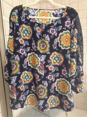 Anthropologie Floral Navy Crochet-Sleeve Women's Top